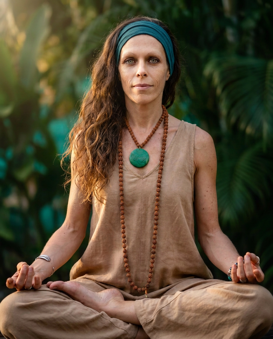 Dr. Shelly Persad in meditation, wearing tan linen and a teal headband with mala beads